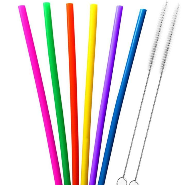 AWESOME REUSABLE RAINBOW SILICONE STRAWS (PACK OF 6 + CLEANING BRUSH)