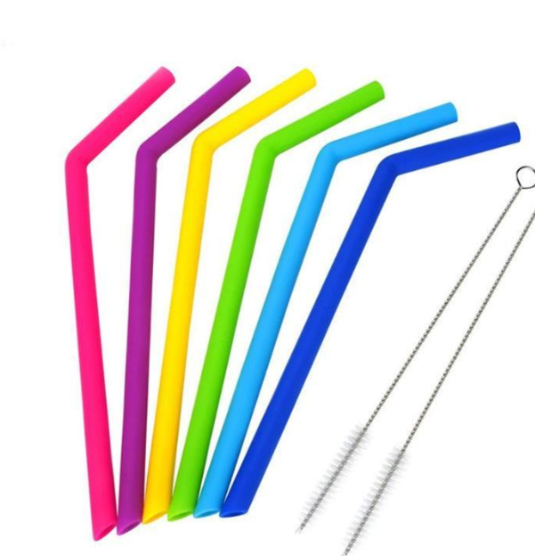 AWESOME REUSABLE RAINBOW SILICONE STRAWS (PACK OF 6 + CLEANING BRUSH)