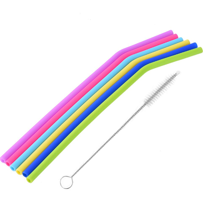 AWESOME REUSABLE RAINBOW SILICONE STRAWS (PACK OF 6 + CLEANING BRUSH)