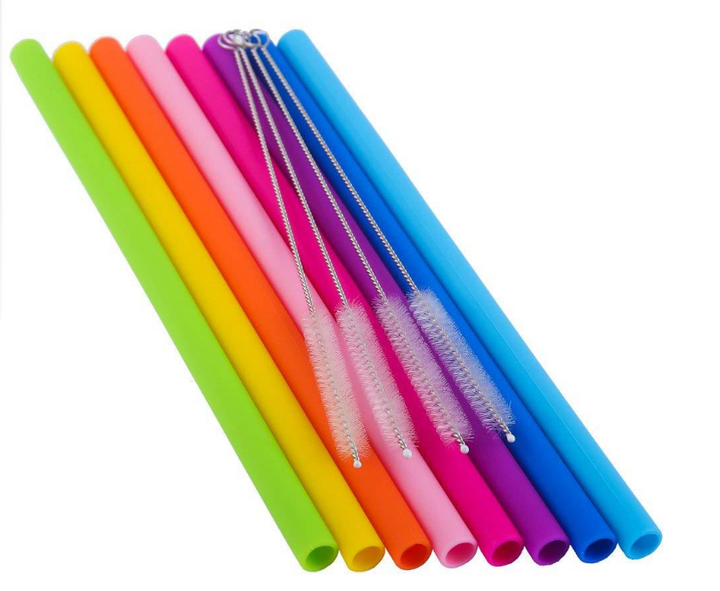 AWESOME REUSABLE RAINBOW SILICONE STRAWS (PACK OF 6 + CLEANING BRUSH)