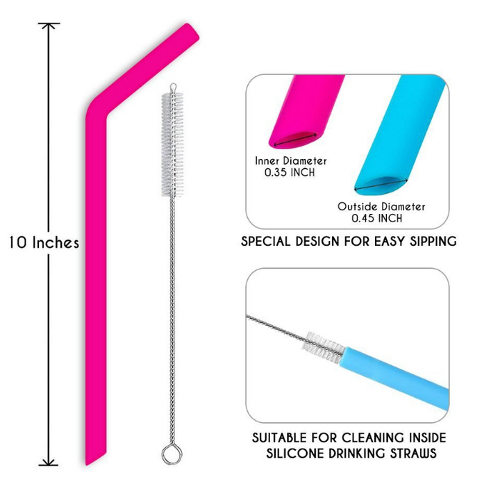 AWESOME REUSABLE RAINBOW SILICONE STRAWS (PACK OF 6 + CLEANING BRUSH)