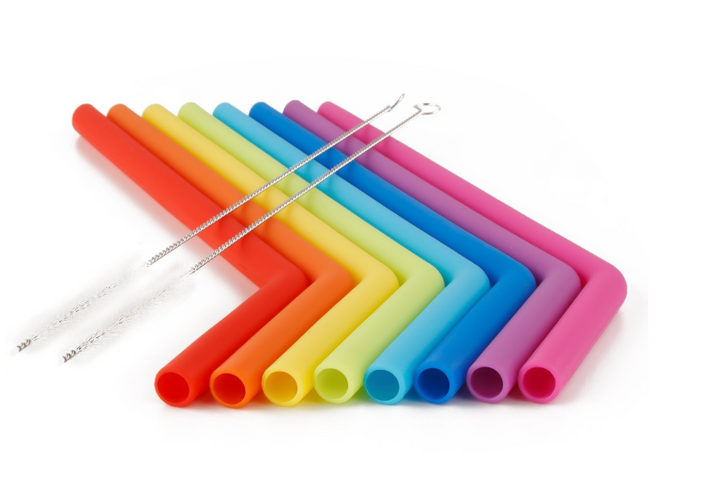 AWESOME REUSABLE RAINBOW SILICONE STRAWS (PACK OF 6 + CLEANING BRUSH)