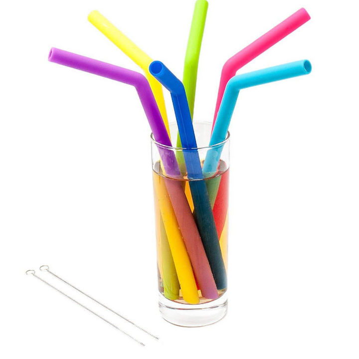 AWESOME REUSABLE RAINBOW SILICONE STRAWS (PACK OF 6 + CLEANING BRUSH)